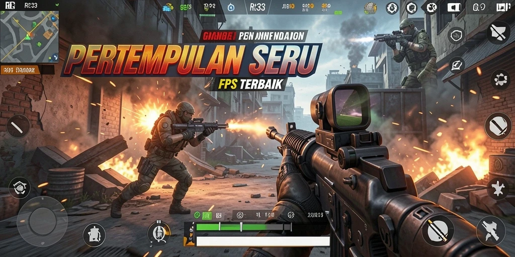 Screenshot gameplay RR33 yang menampilkan aksi pertempuran FPS yang mendebarkan.